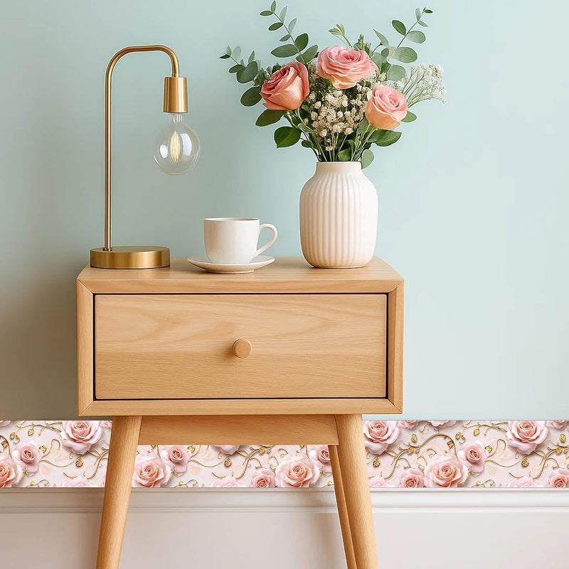 IVN Wallpaper Border Peel and Stick Wall Accent 4x196 Inch PVC Pink Gold Rose Vine Pattern Self Adhesive Decorative Wall Trim for Living Room Bedroom Hallway Elegant Romantic Style - Image 2